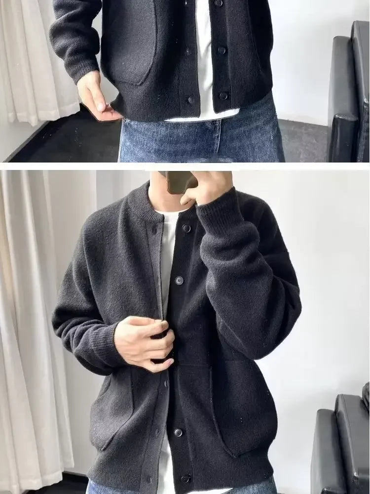Japanese Style Men's Cardigan Sweater Knitted Top Round Neck Jacket.