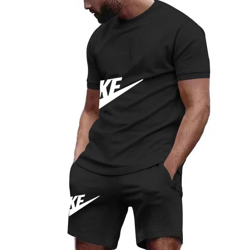Men 2025 summer new casual sports suit Fashion breathable outdoor men's short-sleeved T-shirt + training shorts two-piece set