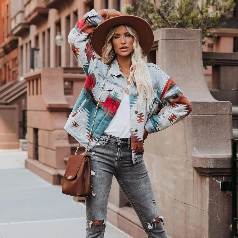 Europe and The United States Long Sleeve Lapel Loose Denim .