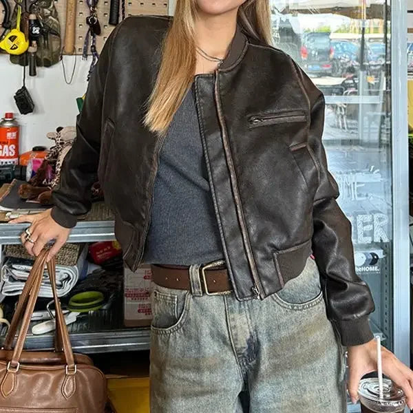 American Vintage Short Motorcycle Leather Jacket Women.