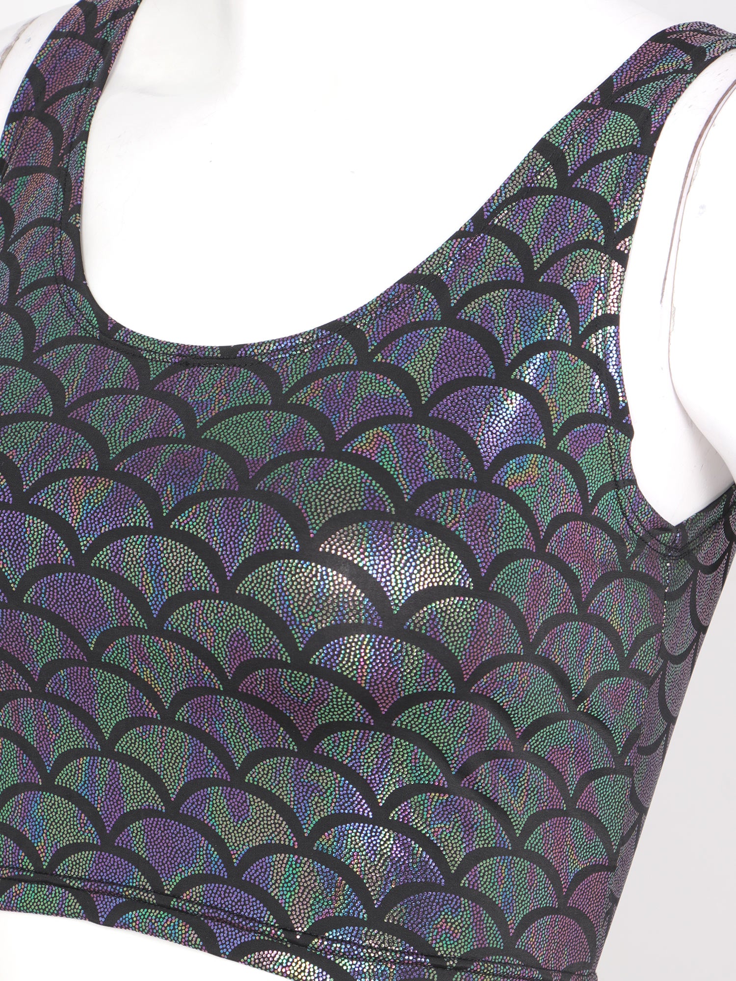 Women Shiny Metallic Crop Top Y2K Mermaid Fish Scale Print Cropped Tank Top Vest Festival Rave Pole Dance Costume Party Clubwear