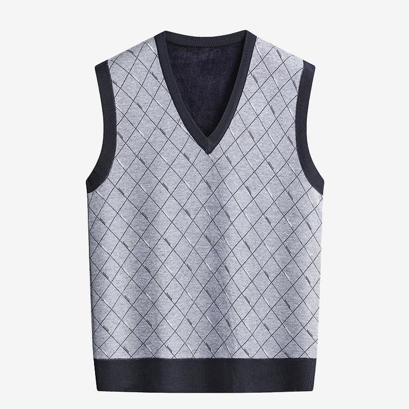 Men‘s V-neck Sweater Vest Autumn Winter Fleece Lining Knit.
