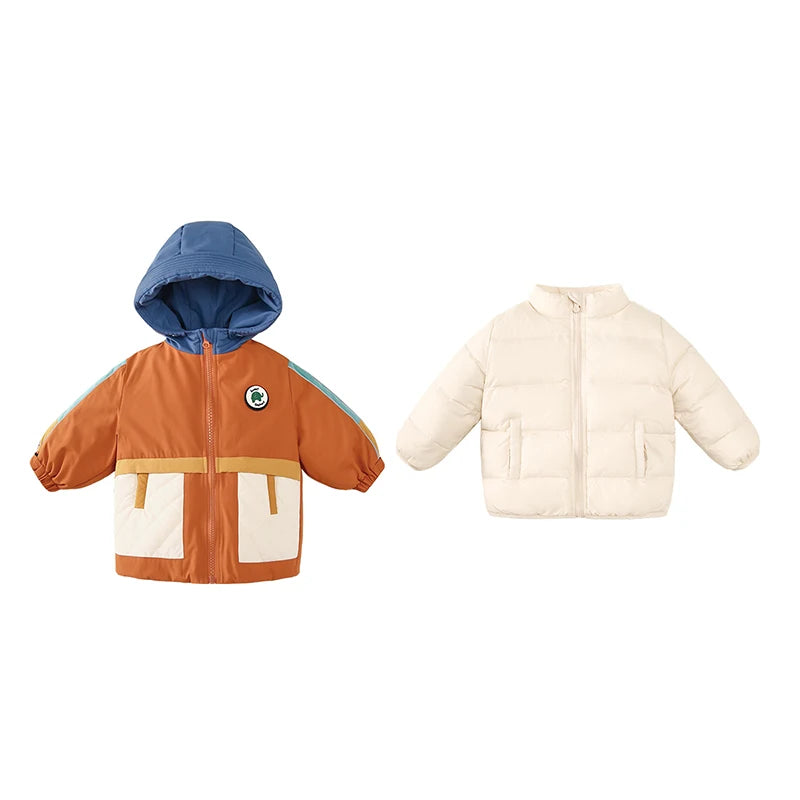 Amila Baby Down Jacket 2024 Winter New Boys Girls Fashion Patchwork Hooded Warm Overcoat Three in One with Pockets Kids Clothing