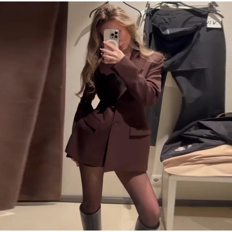 Elegant Lapel Blazer Skirt Set Women Casual Slim.