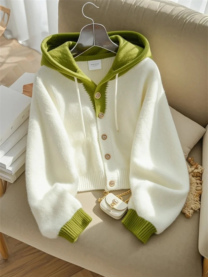 Women Spring Autumn Patchwork Knitted Cardigan Sweater 2025 New Korean Ladies Single Breasted Sweater Hooded Jacket Elegant Coat