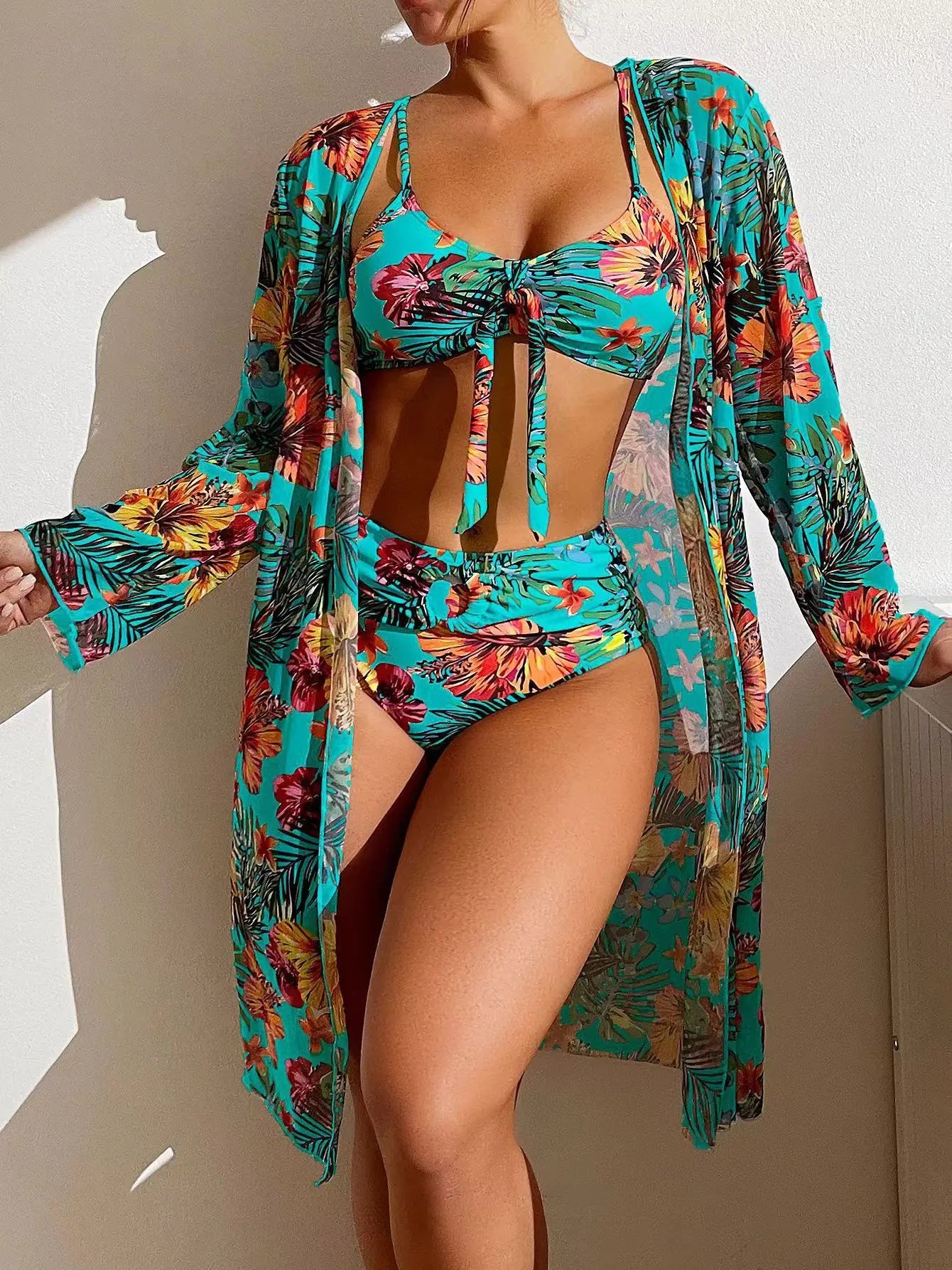 Bohemian Print Sexy Bikini 3 Pieces Floral Printed Swimsuit Women High Waisted Bikini Set With Mesh Long-Sleeved Blouse Swimsuit
