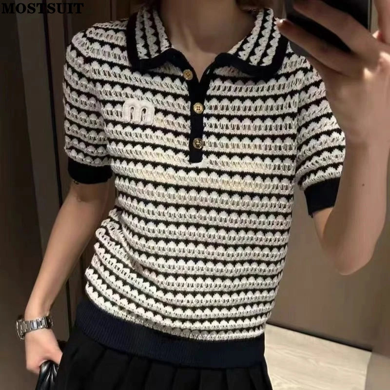 Knit Sweater T-shirts Women Embroidered Short Sleeve .