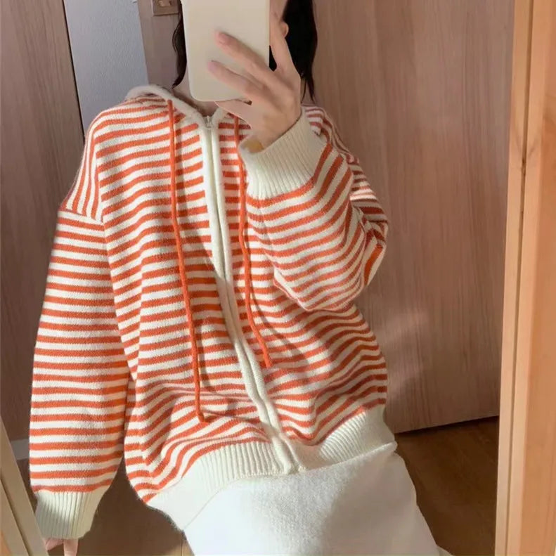 Striped Knit Cardigan Autumn and Winter New Loose Sweet.