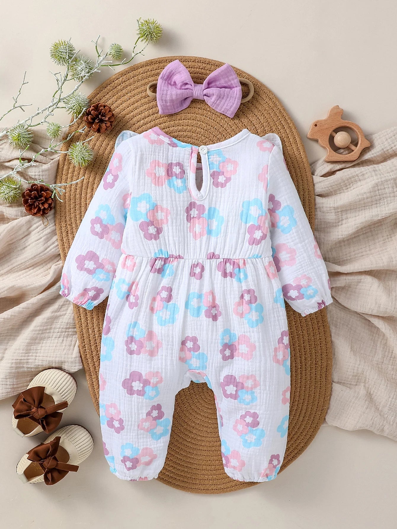 New Style Baby Girls Long Sleeve Print Flower With Bow O-18M