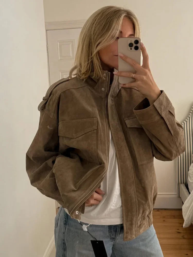 Solid Suede Zipper Cropped Jacket Women Casual Stand Collar .