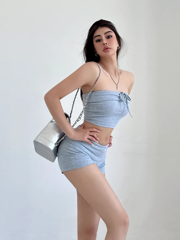 Summer Spicy Girl Casual Lace Up Bra Flip Waist Shorts Two Piece Fashion Set Fashion Casual Women Shorts Set 2024 New TX7C