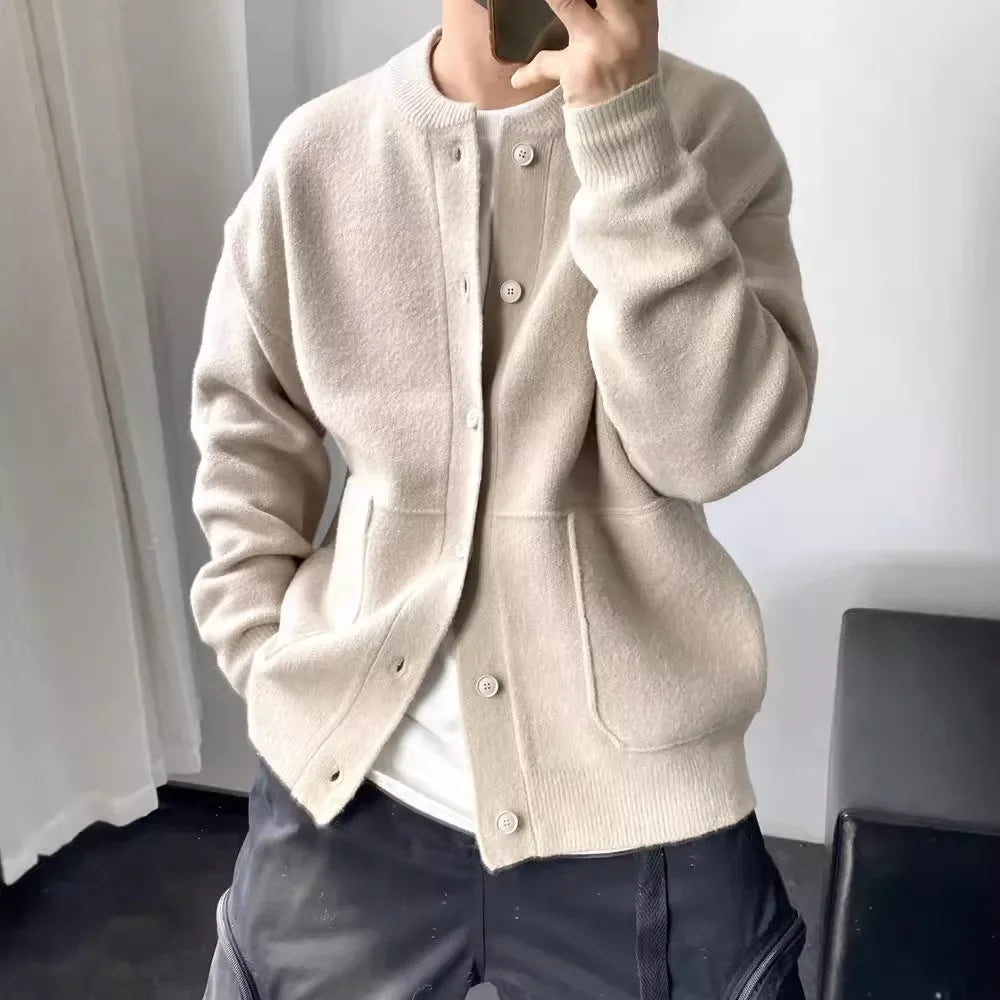 Japanese Style Men's Cardigan Sweater Knitted Top Round Neck Jacket.