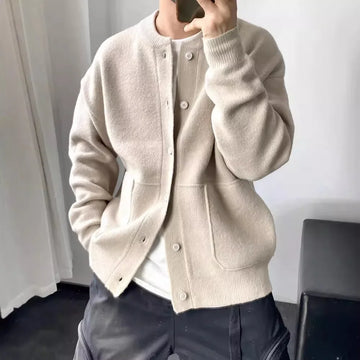 Japanese Style Men's Cardigan Sweater Knitted Top Round Neck Jacket.