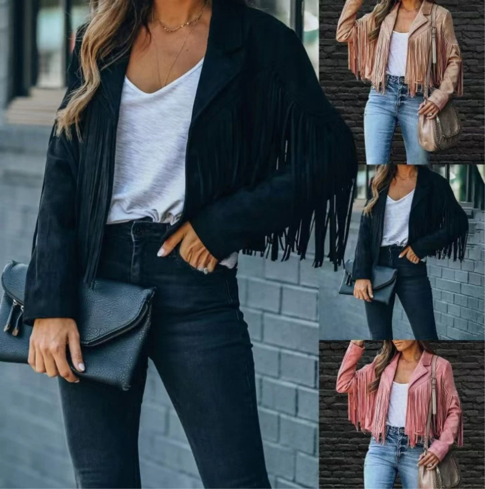 New women Motor Biker Cardigan OutwearsFaux Suede Tassel Jacket.