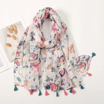 New Printed Soft Linen Cotton Scarf Shawls Women Muslim Hijabs Premium Foulard Femme Long Fresh Floral Tassel Scarves Echarpe