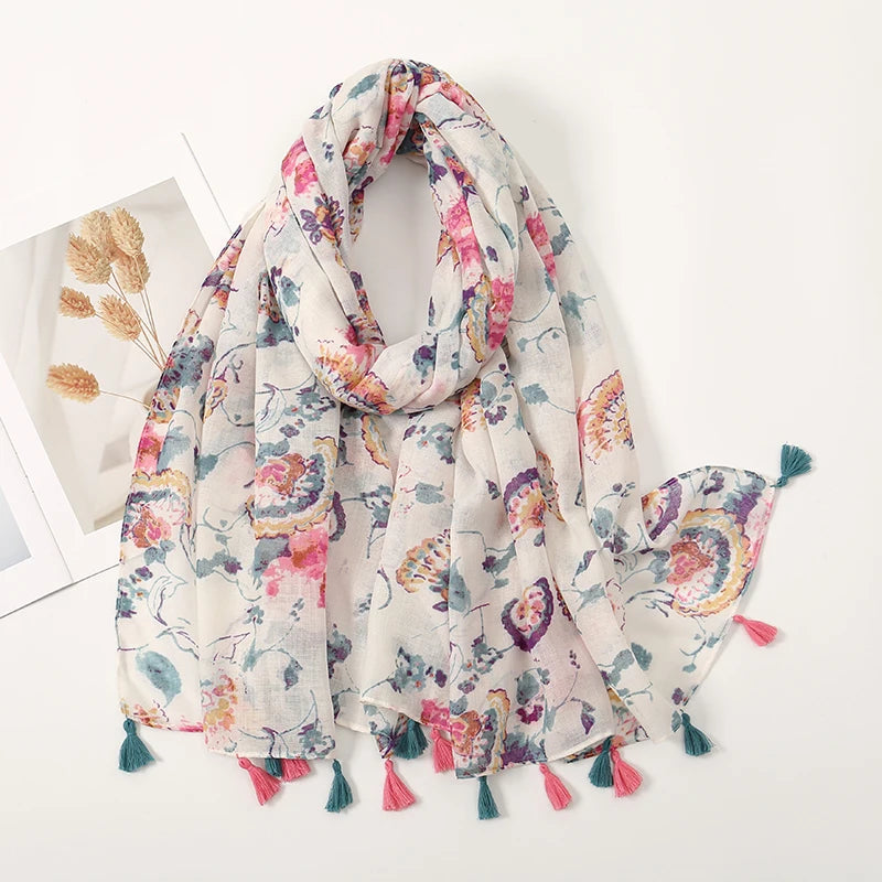 New Printed Soft Linen Cotton Scarf Shawls Women Muslim Hijabs Premium Foulard Femme Long Fresh Floral Tassel Scarves Echarpe