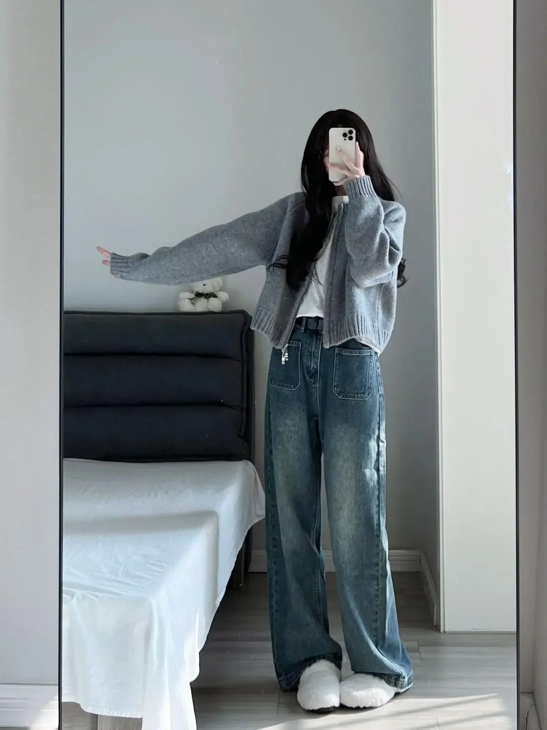 Gray Short Sweater Coat Women Clothing Autumn Winter New Loose .