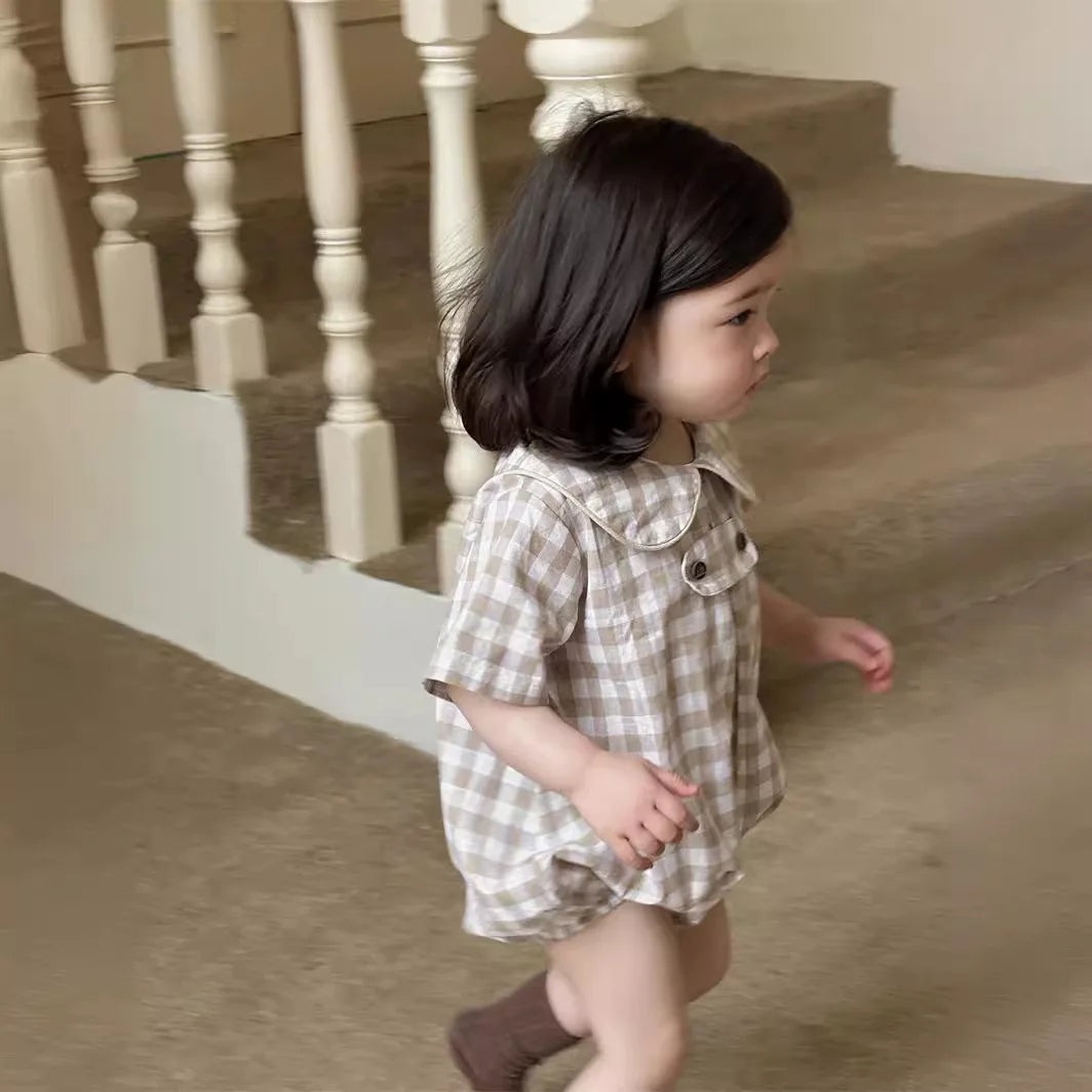 2025 Summer New Baby Girl Plaid Bodysuit Newborn Toddler Girl Dot Print Short Sleeve Jumpsuit Cute Infant Princess Clothes