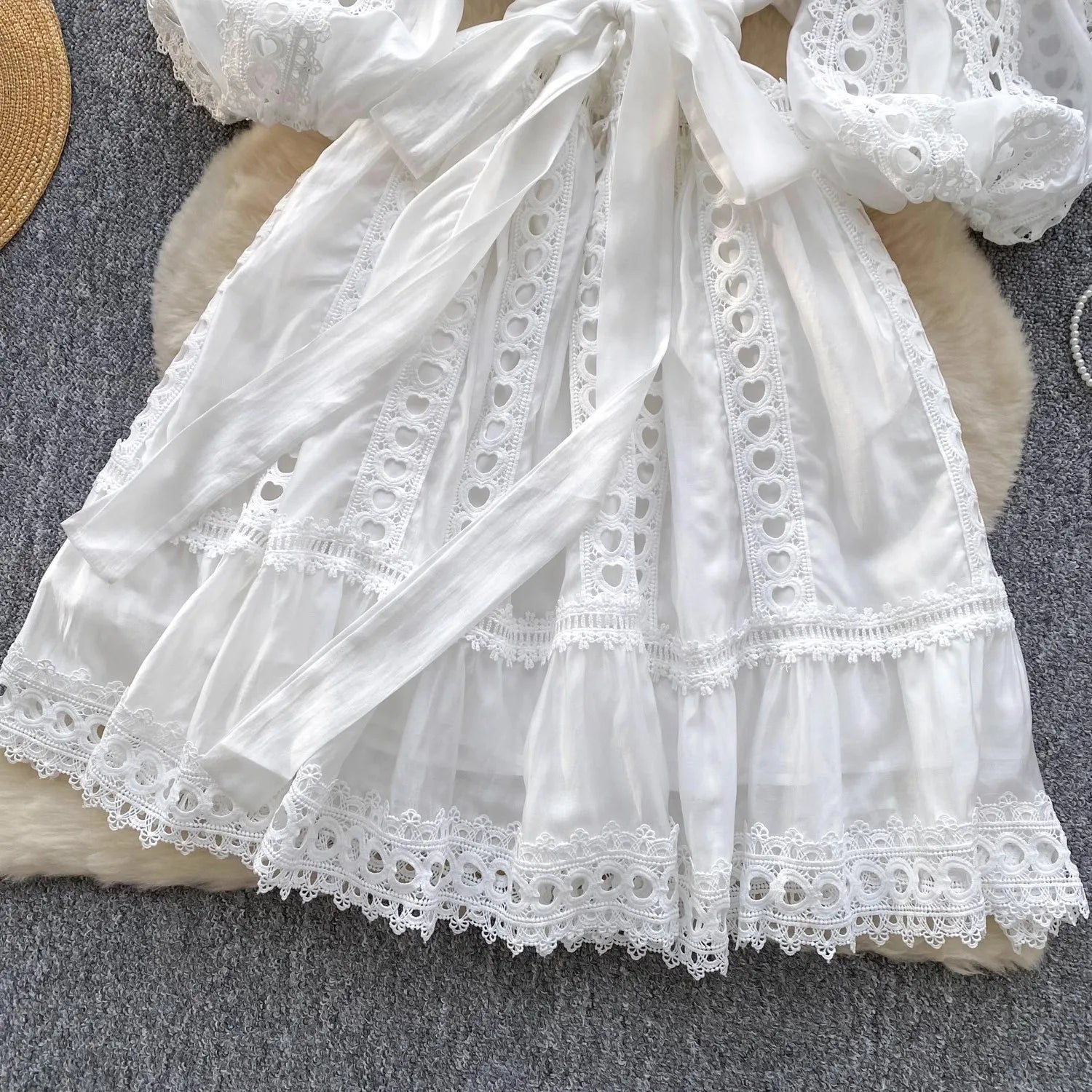 Spring Summer Embroidery Lace Stitching Hollow Out Midi Dress Women's Stand Collar Single Breasted Belt Loose Party Vestidos