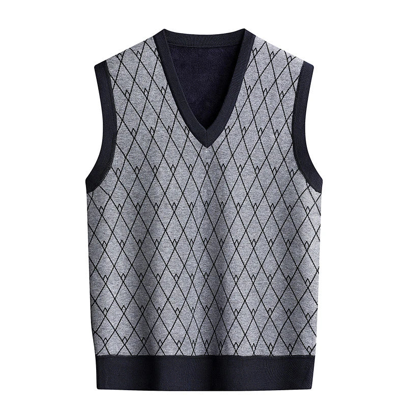 Men‘s V-neck Sweater Vest Autumn Winter Fleece Lining Knit.