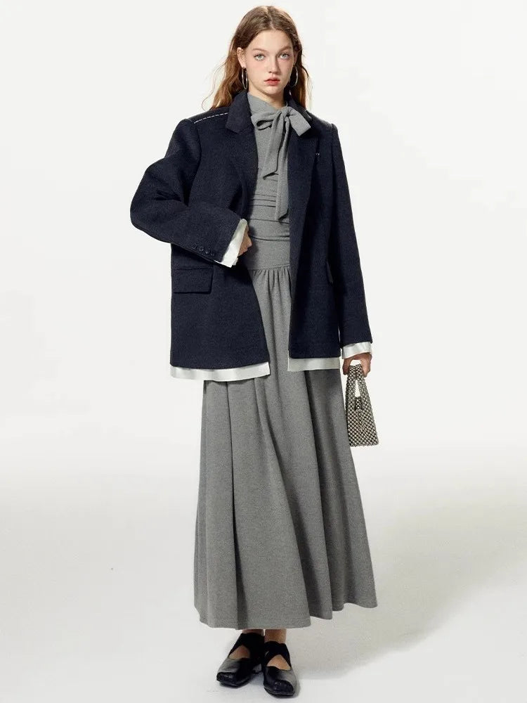 Grey Off Shoulder Pleated Dress For Women In Autumn And Winter, With A Unique Sense Of Luxury And A Slim Fit A-Line Dress