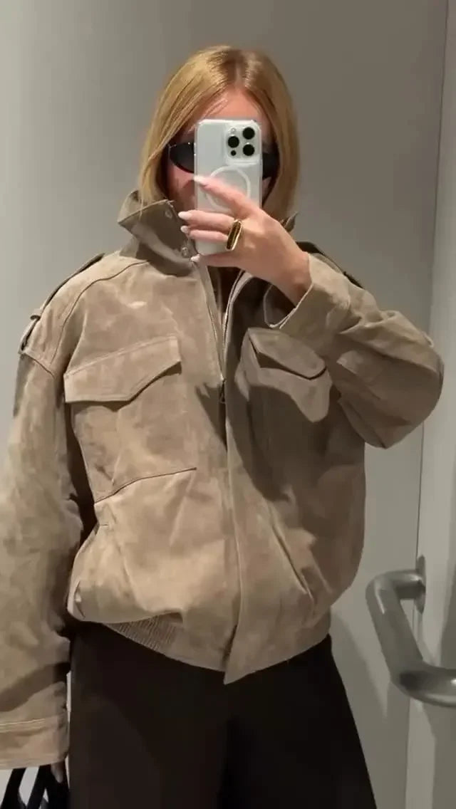 Solid Suede Zipper Cropped Jacket Women Casual Stand Collar .