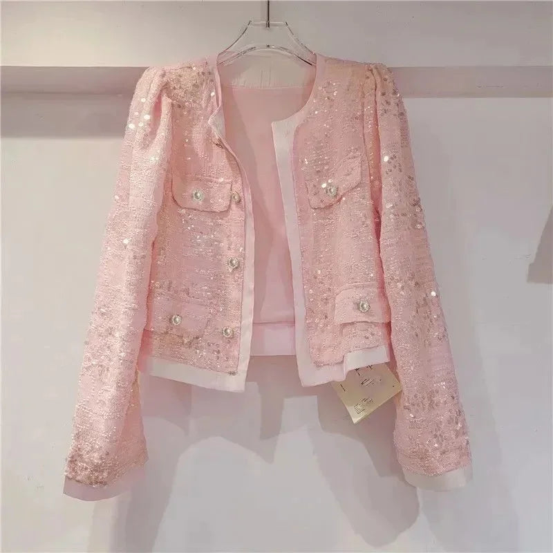 Women's Korean Outerwear Cardigan Splicing Sequin Jacket .
