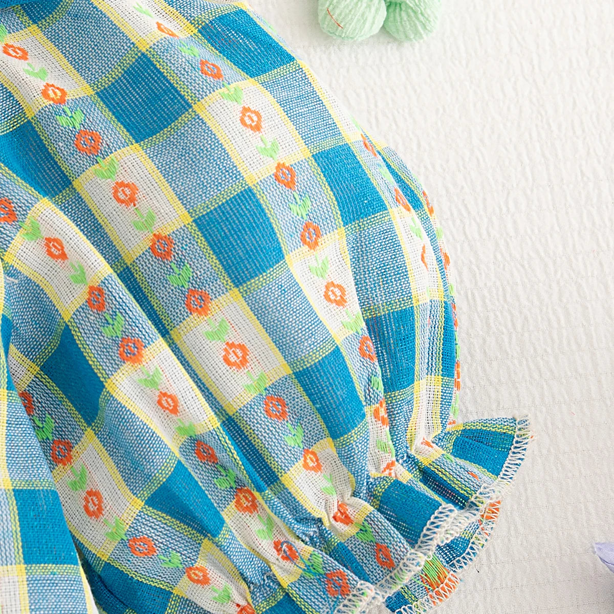 Baby Girl Set Blue Plaid Printed Bubble Sleeve Top with Shorts Suit Summer Girl Outdoor Outfit