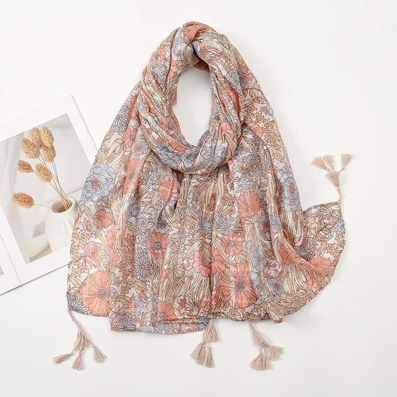 New Printed Soft Linen Cotton Scarf Shawls Women Muslim Hijabs Premium Foulard Femme Long Fresh Floral Tassel Scarves Echarpe