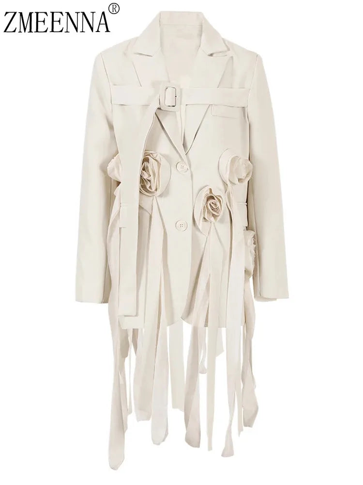 ZMEENNA Beige Flower Irregular Long Blazer Women.