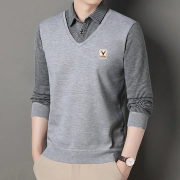 Men's Winter Sweater Fashion Polo Shirt Pullover Slim Fit Elegant Luxury Brand Knitwear Fake Two Pieces Knitted Sweaters