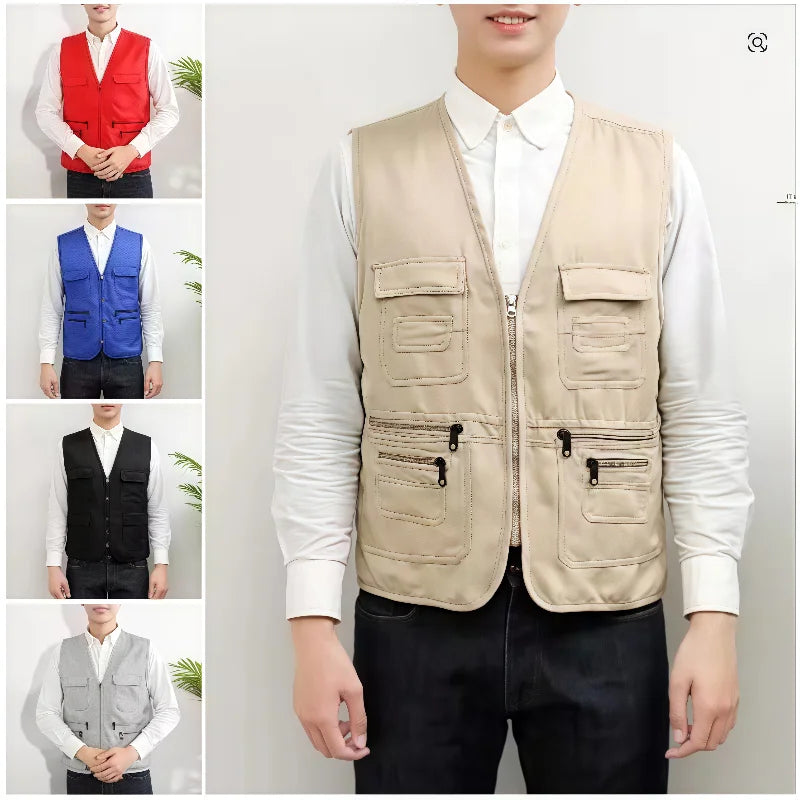 Work Clothes Vest Multi-pocket Solid Color Casual Sleeveless.