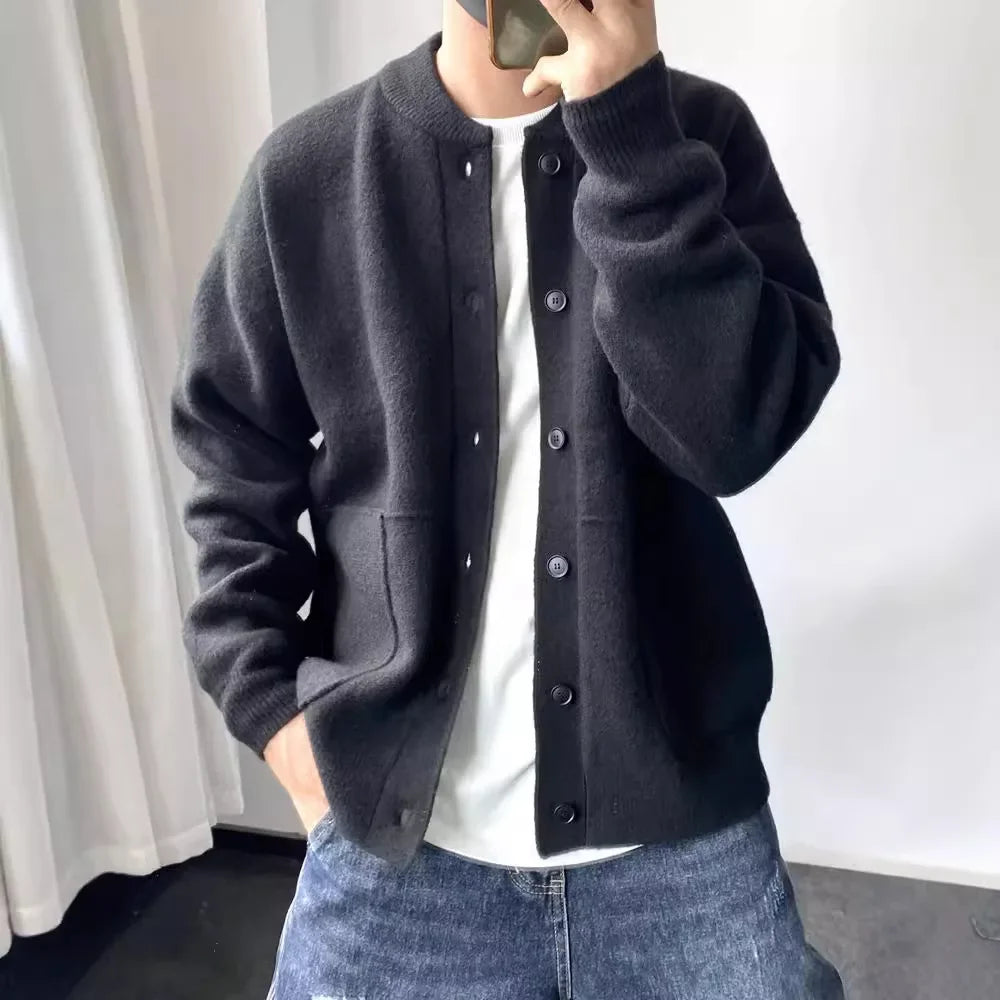 Japanese Style Men's Cardigan Sweater Knitted Top Round Neck Jacket.