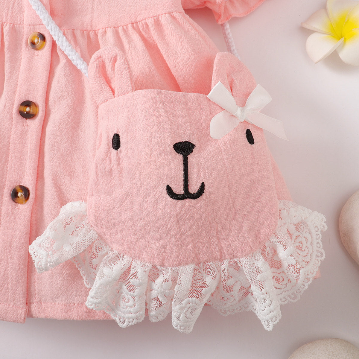 2PCS Baby Girl Pink Short Sleeve Dress with Cute Shoulder Bag ,