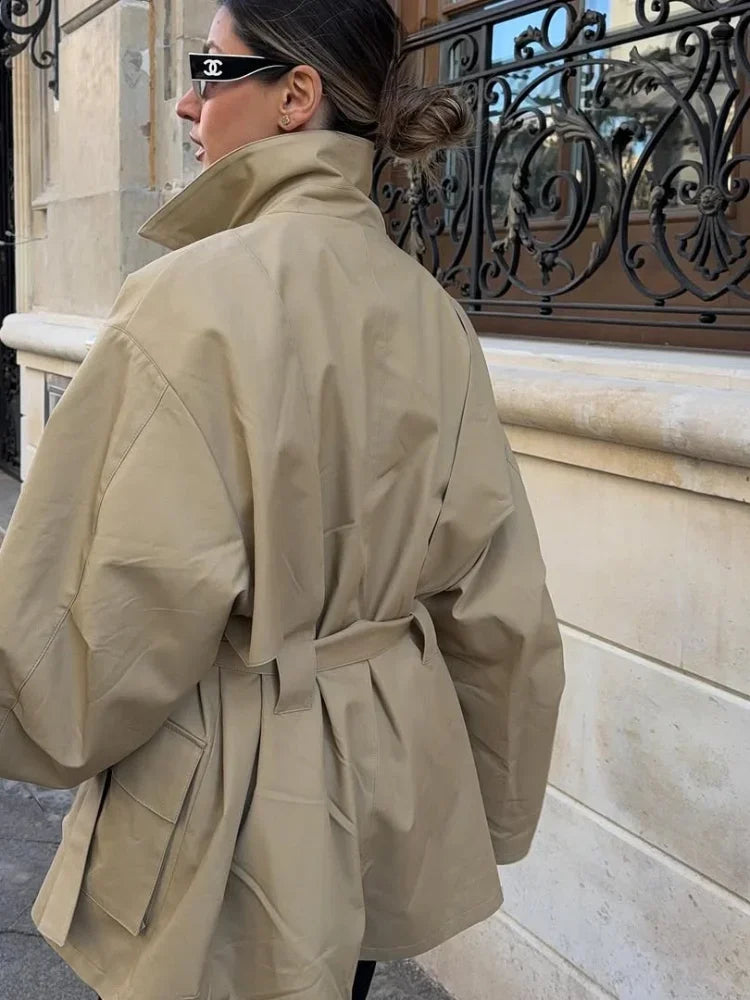 Single Breasted Khaki Belt Trench Coat Women.