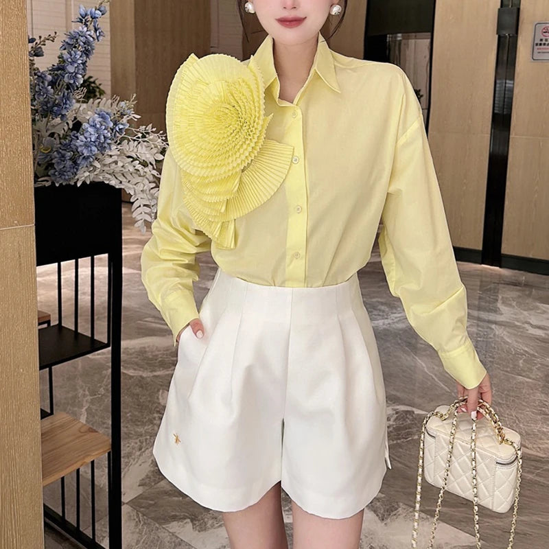 2025 Camisas De Mujer Blouse for Women Elegant Floral Shirts Oversized Tops Long Sleeve Fashion Pleated White Casual Blouses