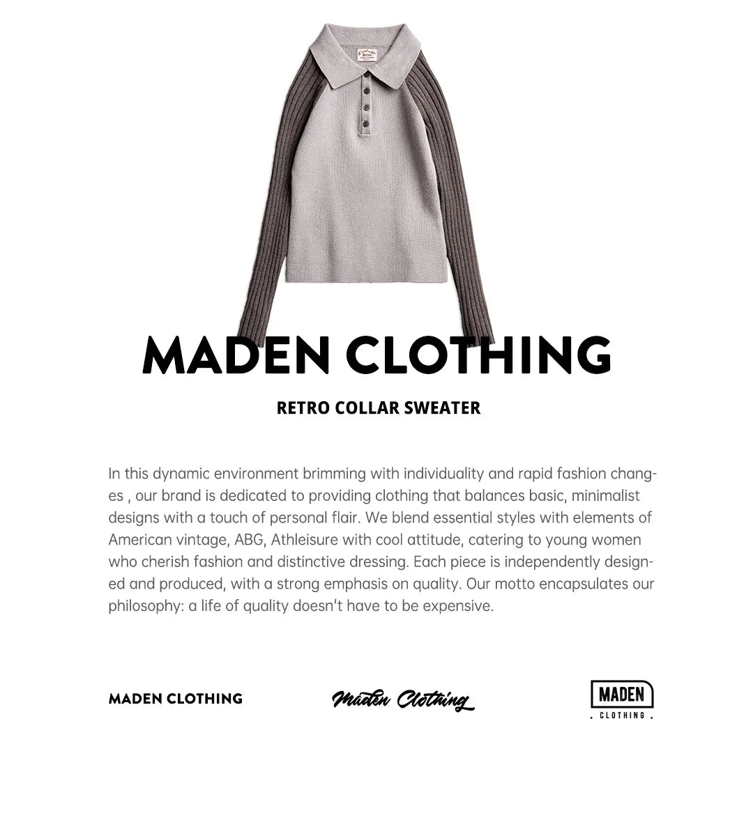 Maden Casual Spliced Knitted Sweater Button Slim Fit Bottoming Versatile Sweater .