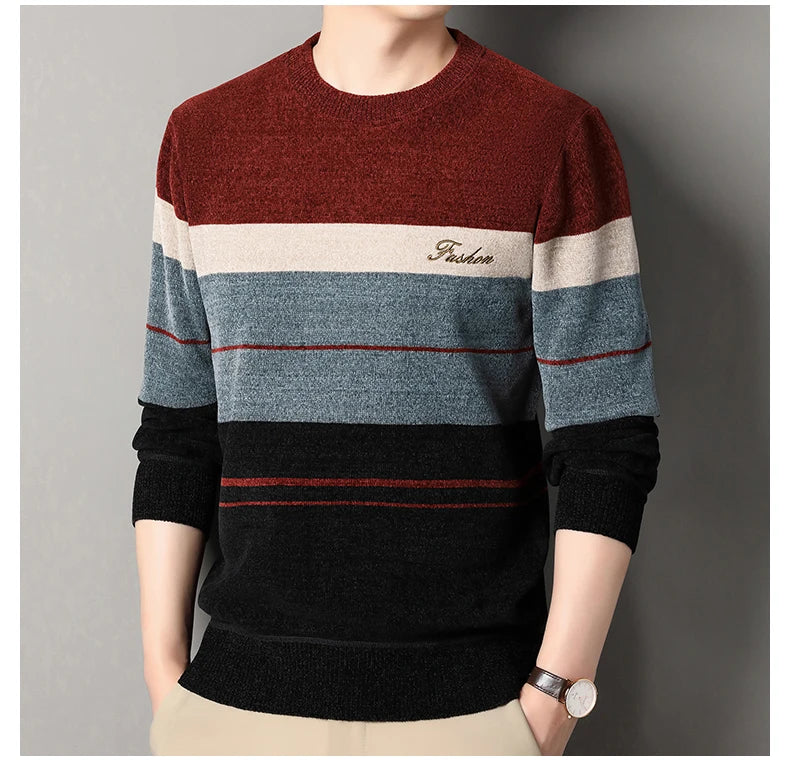 Mens Fashion Striped Sweater Round Neck Pullover Fleece.