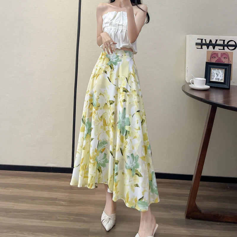 Summer High Waist Women Skirts Casual Floral Printed Chiffon.