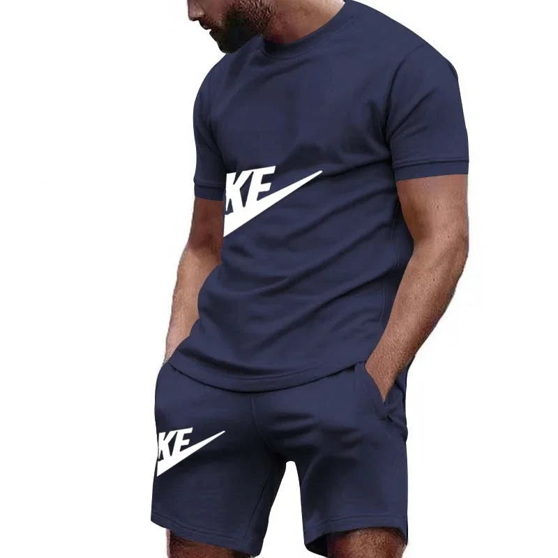 Men 2025 summer new casual sports suit Fashion breathable outdoor men's short-sleeved T-shirt + training shorts two-piece set