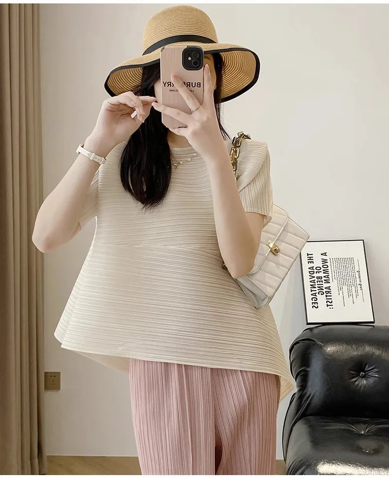 Miyake style pleated tops for women 2024 summer new high-end loose large size stretch fabric clothes temperament T-shirt