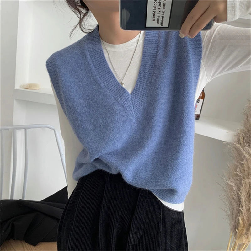 Sleeveless Knitted Sweater Vests Women Casual Solid Loose Outerwear .