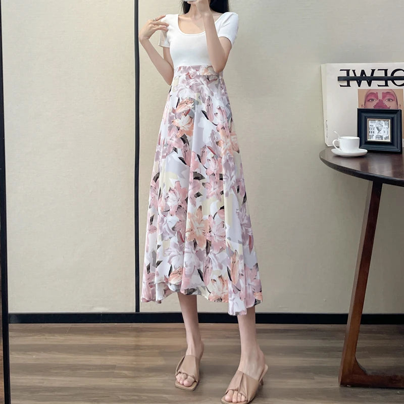 Summer High Waist Women Skirts Casual Floral Printed Chiffon.