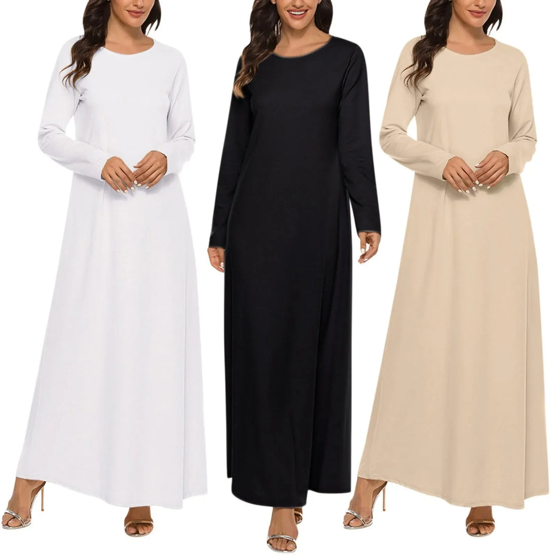 Women's Casual Solid Color Muslim Dress Long Sleeve Hollow Out Sequins Cardigan Loose Fit Long Skirt Islamic Dress