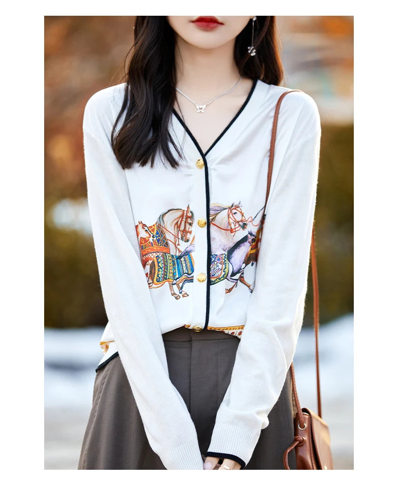 Spring and Autumn New Woven Wool Cardigan Women's V-neck.