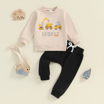 Little Boy Birthday Outfit, Excavator Print Long Sleeve Sweatshirt Pants .