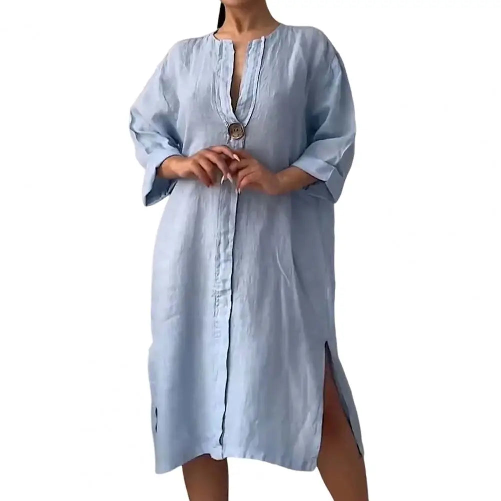 Summer Women Dress V Neck Side Split Loose Pullover Button women fashion'/MH