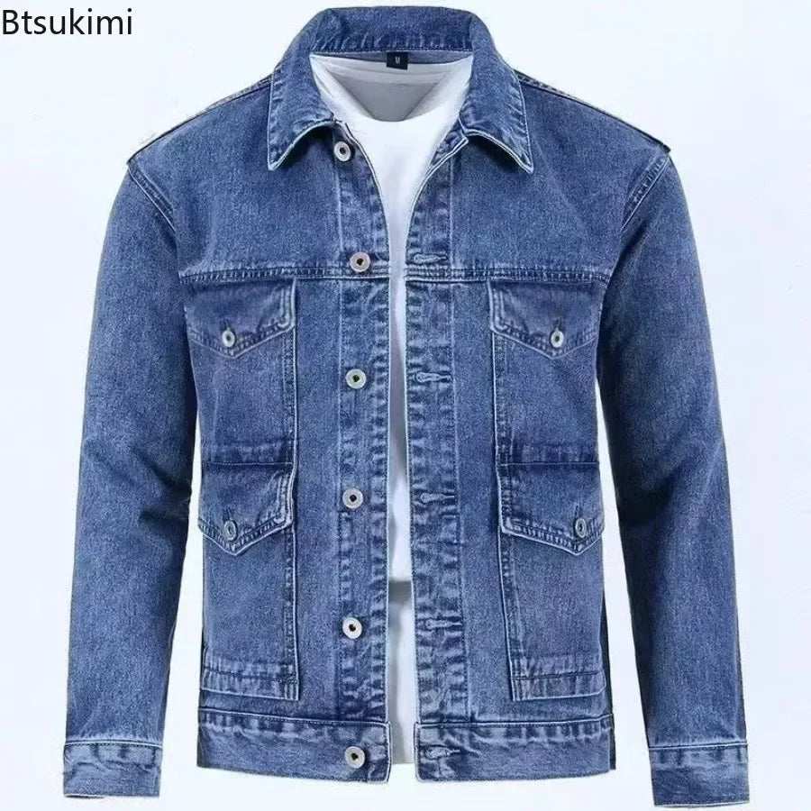 New Men's Denim Cargo Jacket Loose Vintage Fashion Casual Cardigan.