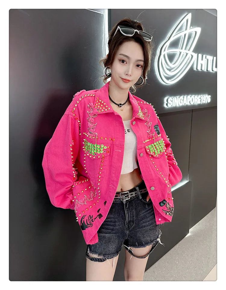 Women Graffiti Printed Rivets Denim Jacket Loose Holes Diamonds .