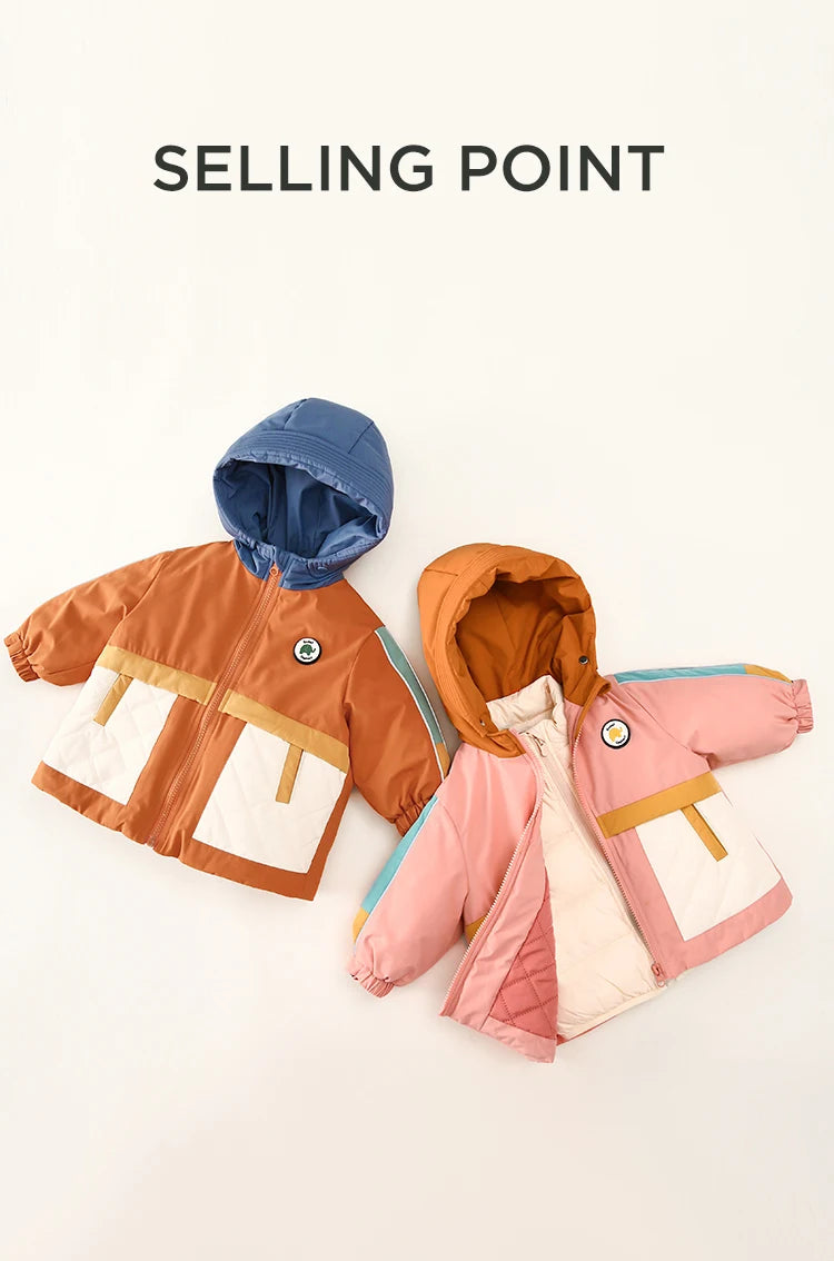 Amila Baby Down Jacket 2024 Winter New Boys Girls Fashion Patchwork Hooded Warm Overcoat Three in One with Pockets Kids Clothing
